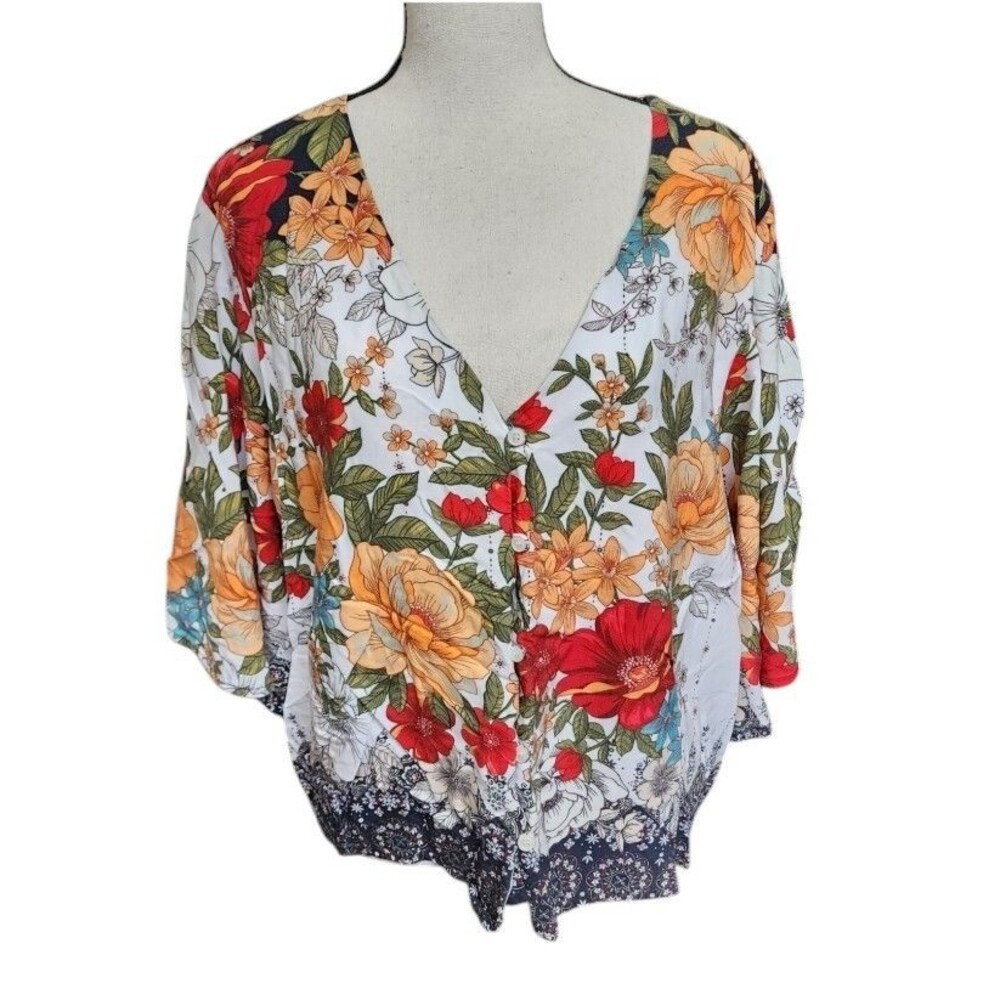 Farm Rio Reyna Floral Blouse Size XL Boho City Flowy Viscose Made in Turkey - Picture 1 of 10